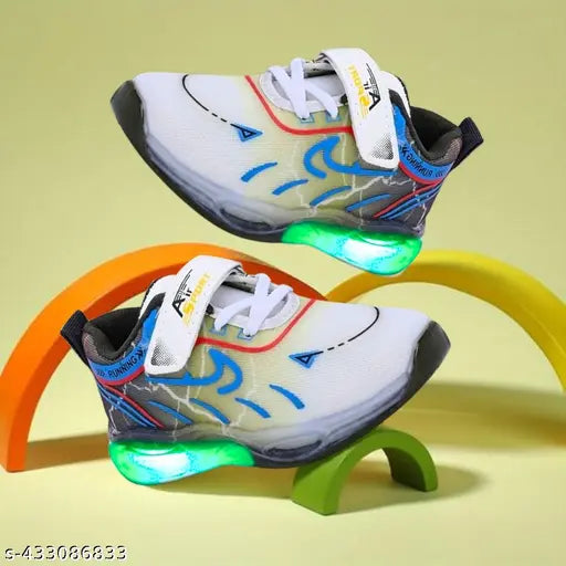 White, blue and red sneaker for kids with lime green accents