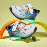 White, blue and red sneaker for kids with lime green accents