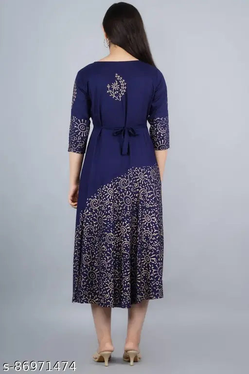 Rayon Jaipur-printed summer kurti, three-quarter sleeves, traditional sanganeri block print work - Indian ethnic fashion for women