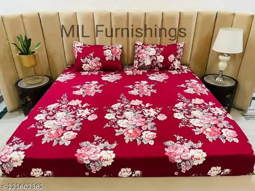 White glace cotton king size fitted bedsheets, superfine floral print, 2 pillow covers included, ideal for summer, luxury bedding from India