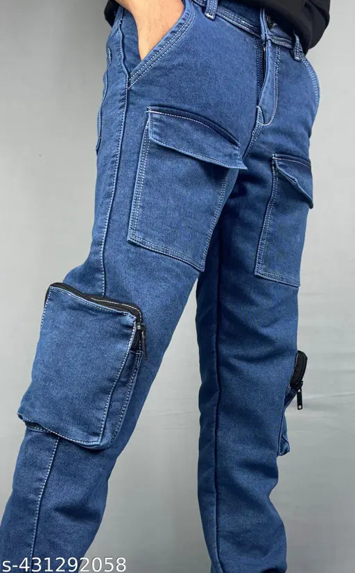 Baggy blue jeans with six pockets and a large back pocket