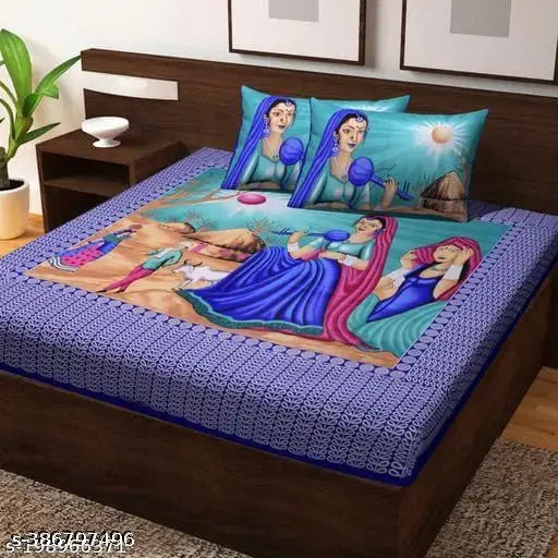 Jaipuri printed cotton bedsheet & 2 pillow covers, summer-ready Jaipuri design, Indian origin