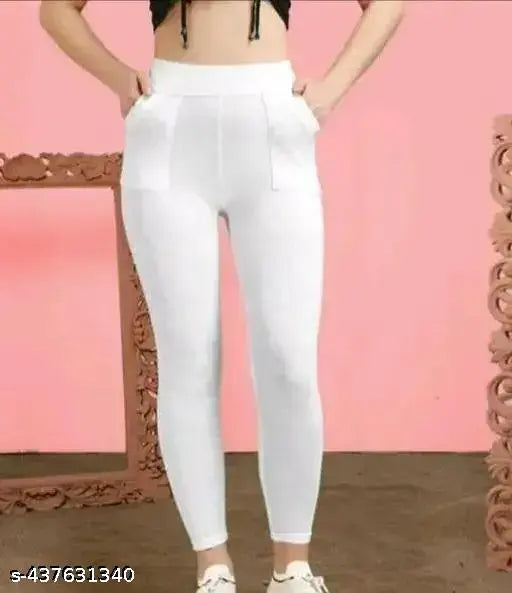 White cotton blend jeggings, recycled hosiery cotton waste, medium quality, high-waisted design, versatile for any occasion