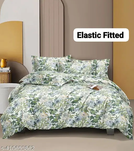 White cotton blend king size elastic fitted double bedsheet with 2 pillow covers, fits up to 8 inch mattress - ideal for summer