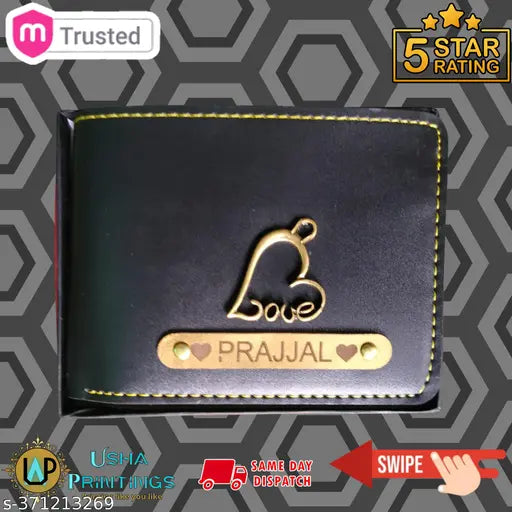 Faux leather personalized men's wallet with charm for custom gifts, brown color, 5 card slots, and 2 cash slots