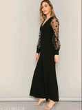 Star Lycra Jumpsuit for Women - Solid black long-sleeved outfit, perfect for a fashionable woman's wardrobe. Made in India