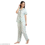Rayon printed nightsuit, front open cotton nightwear for summer. Ladies shirt pajama set with short sleeves and soft elastic waistband. Indian-made, perfect for comfortable nights