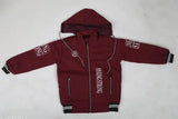 Red and black jacket with logo, zip closure