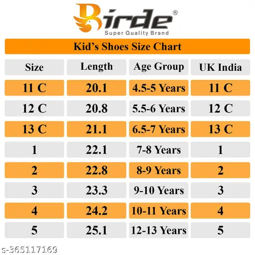 Kids' shoes size chart, with kids' shoe sizes and a list of ages ranging from age 3 to adults' size 10' in various colors