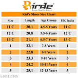 Kids' shoes size chart, with kids' shoe sizes and a list of ages ranging from age 3 to adults' size 10' in various colors