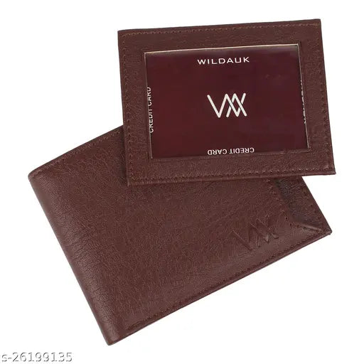 Brown PU artificial leather wallet, compact size with 7 card slots and additional pockets for ATM cards. High quality, strong stitching, solid pattern, free size (11cm x 2cm). Made in India