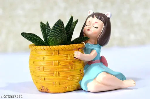 Handcrafted resin fairy figurine with succulent basket planter pot (without plant), 10cm x 10cm x 10cm, handmade by skilled artisans, perfect for gifting