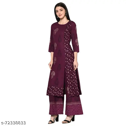 Wine Rayon Block print straight kurta, 3/4 sleeves, perfect for festive/wedding wear. 100% Rayon, hand wash required." (116 characters)
