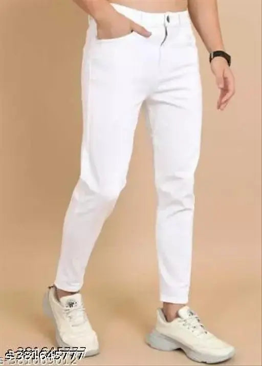 High-quality stretch denim white jeans for men, perfect fit for any occasion. Solid pattern, size 28/30/32, made in India