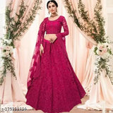 Pink embroidered net lehenga choli and dupatta set for wedding wear, intricate floral designs on net fabric