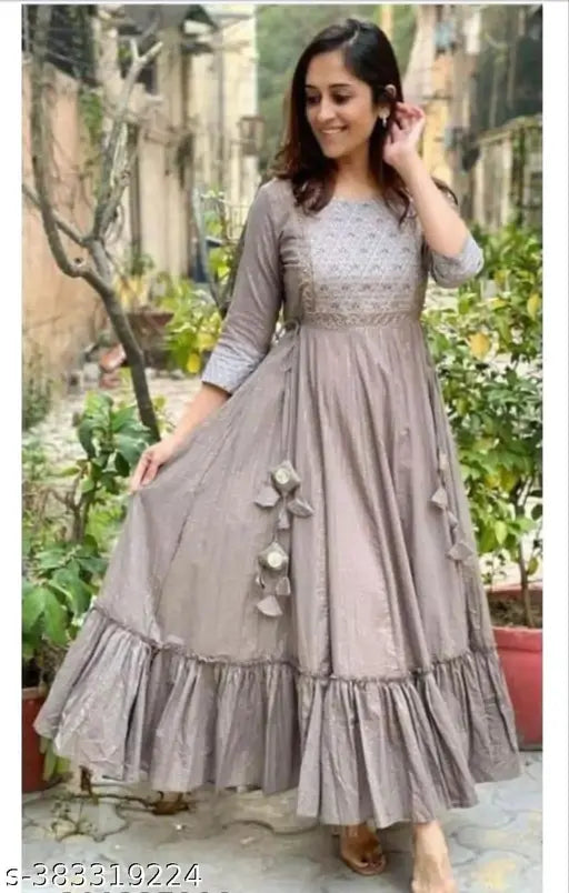 Trendy embroidered rayon Anarkali kurta for women, casual and formal wear, three-quarter sleeves, multiple sizes available