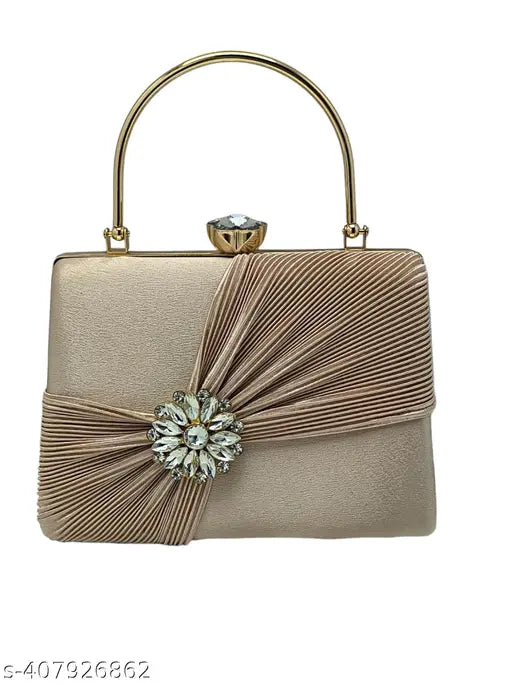 Beige satin clutch with pearl brooch and crystal bow