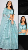 Elegant sky blue net semi-stitched lehenga choli & dupatta, embellished with golden zari work. Perfect for weddings, events, India-made