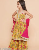 Kids rayon kurta sharara set with chiffon dupatta, printed design on top and bottom, sleeveless, 7-8 years size