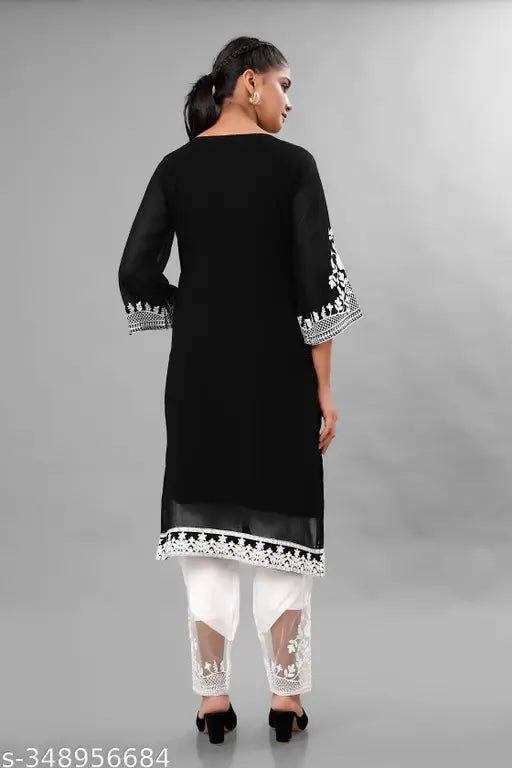Floral embroidered Georgette women's salwar suit set with crepe pants, full sleeve stitched top and white pent. New designer heavy embroidery work, XS-XXL sizes available. Indian origin