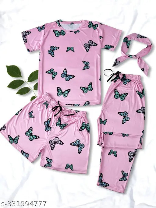 Soft silk butterfly print night suit set (T-shirt, Pajama, Shorts), includes drawstring elastic waistband for adjustable fit, Indian-made luxury sleepwear