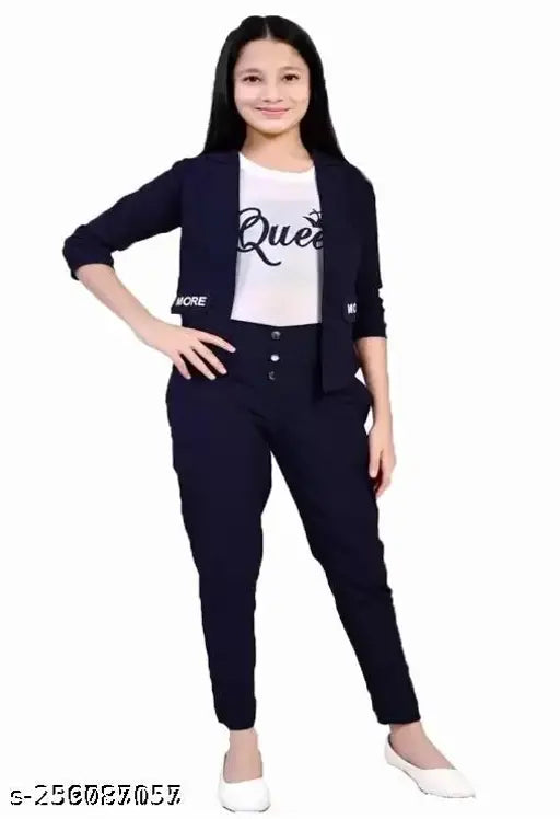 Navy blue cotton blend dress set for girls, aged 4-15 years: includes casual dress, printed t-shirt, and full-length stretch pants. Trendy fashion mix for parties and everyday wear; origin India