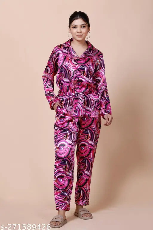 Women's printed satin nightsuit set by Glen Rose, long-sleeved pyjama top and bottom on hanger