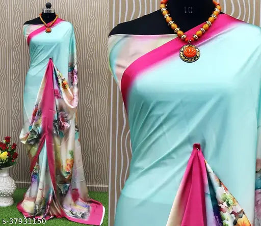 Digital printed satin crepe saree with vibrant floral and bird motifs