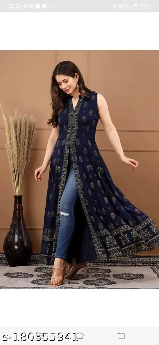 Navy blue rayon gold print Frontslit Kurti, sleeveless, printed combo, Indian fashion
