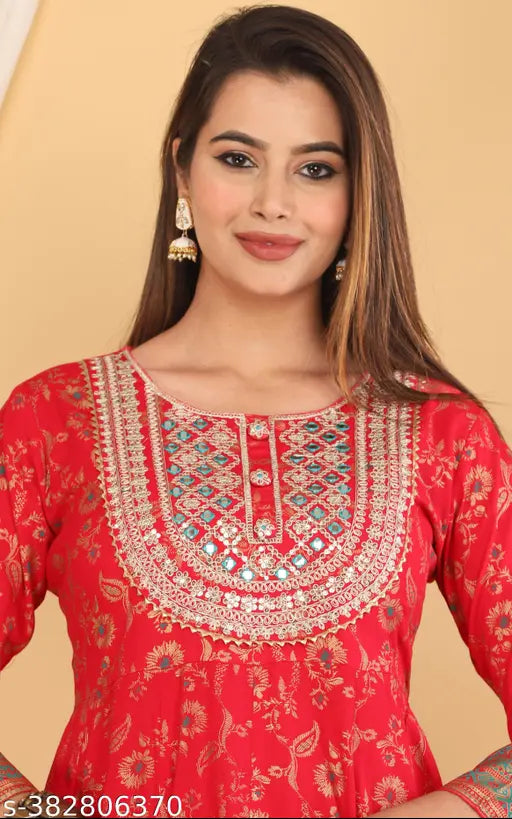 Gold-print rayon Anarkali with coding embroidery, three-quarter sleeves, M to XXL sizes for women's fashion