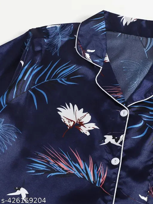 Stretchable silk blend print collared night suit coord set (shirt & shorts), wear in summers, winter monsoons for girls and women