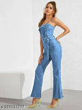 Light blue denim jumpsuit with belt - Solid design for women's fashion, sleeveless and available in multiple sizes (XXS-L) from India