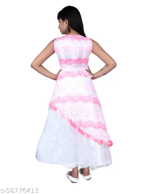 Pink net festive gown dress for girls, woven design with sleeveless silhouette, 7-8 years size from Errish Kids, India origin