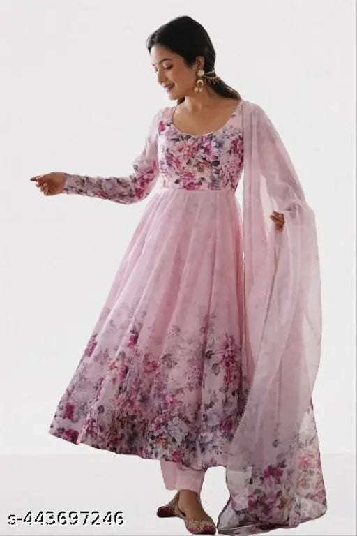 Multicolor organza and crepe gown with dupatta, featuring digital print and four-side golden gotta lace border. Indian party wear with heavy quality fabric and three-quarter sleeves (M38, L40, XL42, XXL44). Gown and dupatta combined measure 5+ meters and 2 meters respectively