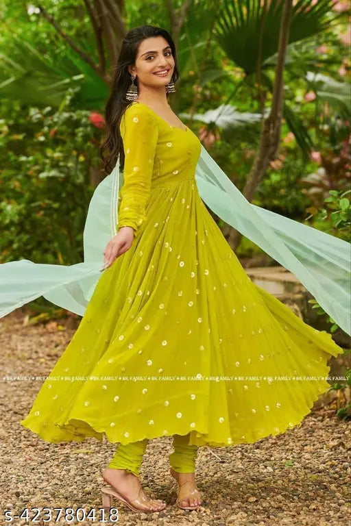 green georgette embroidery work gown with dupatta
