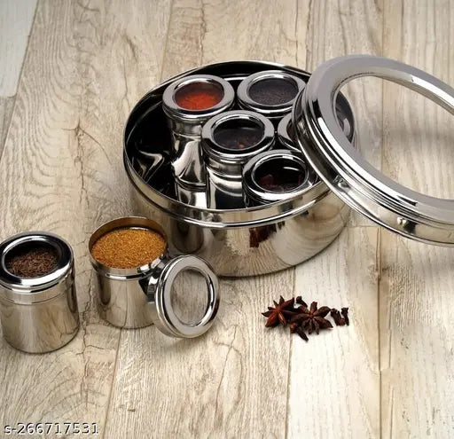 Stainless steel spice box set, 1500ml capacity, with transparent lid and multiple spoons, containing seven different spices, for culinary use