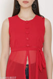 Red sleeveless top with ruffled hem