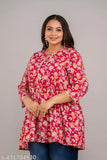 Red rayon short kurti, plus size with flared design, printed trendy combo