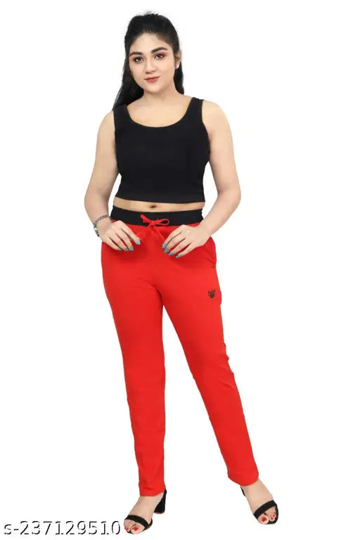 Women's red cotton track pants with side pockets for sleepwear, lounge wear, gym sports workout, yoga