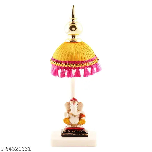 Marble Ganesh Idol, yellow umbrella stand, Indian Hindu home decor, car study table accessory