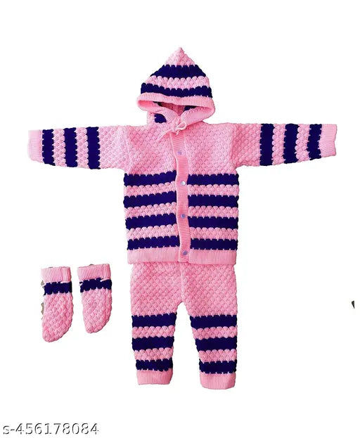 Light pink and blue woolen baby dress, cotton self-design with long sleeves (0-6 months), India origin