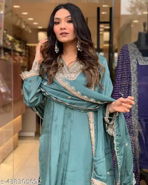 Blue embroidered kameez with dupatta, long sleeves