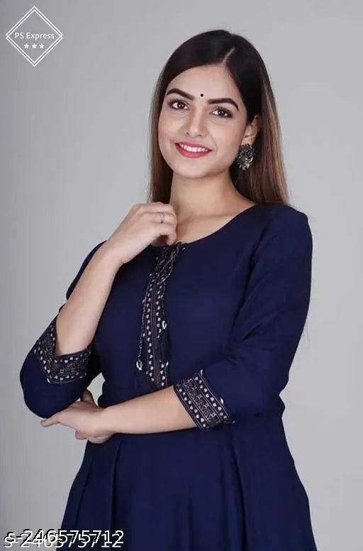 Blue rayon three-quarter sleeve printed kurtis for party wear, Indian fashion for women