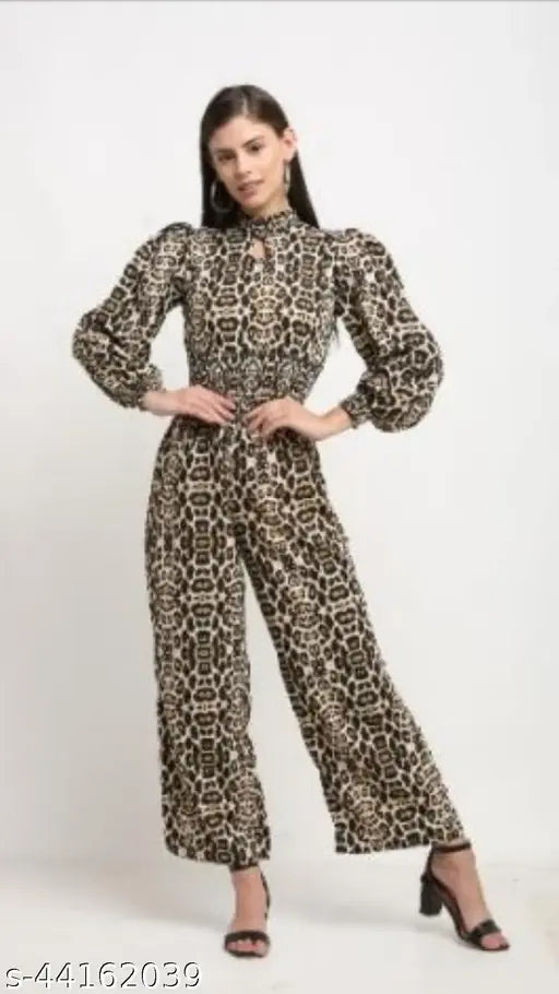 Animal print poly crepe jumpsuit, long sleeves, size XL, smoky net pattern