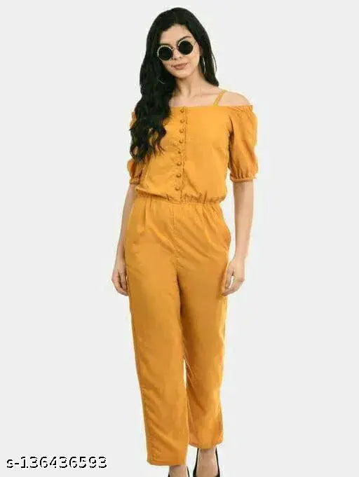 Crepe, solid-colored, short-sleeved jumpsuit back zip - stylish and fashionable women's apparel from India