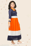 Orange, pink, and blue colorblock kids party wear frock and dress set