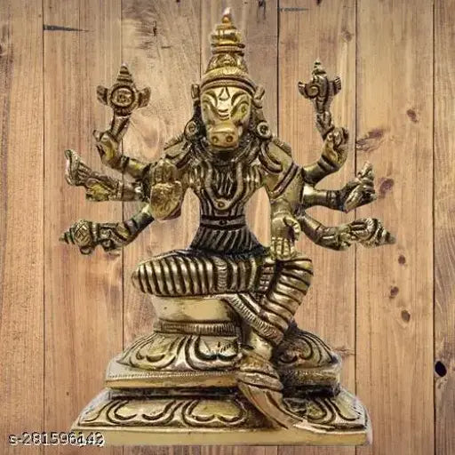 Golden bronze Hindu deity statue, four-armed, sitting on a lotus flower