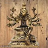 Golden bronze Hindu deity statue, four-armed, sitting on a lotus flower