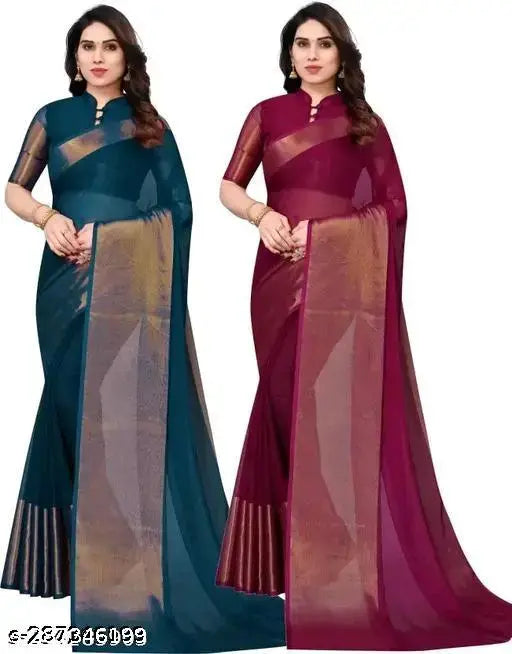 Indian combo of 2 chiffon sarees, free size, solid pattern on running blouses