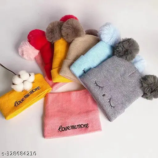 Gray beanie cap, set of 5 woolen beanies in pastel colors with matching small hats, for children 16 years